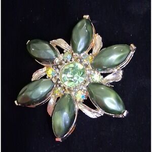 Vtg Green Rhinestone Flower Brooch Gold Tone Pin  2.25"~Costume Statement Piece